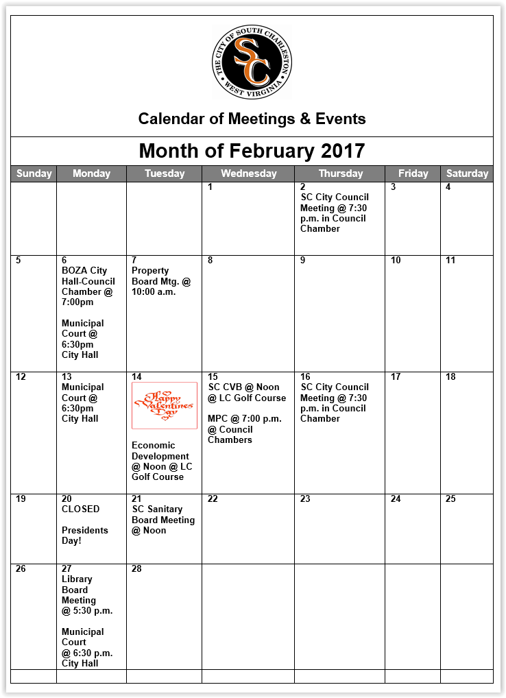 City Meetings & Events February 2017